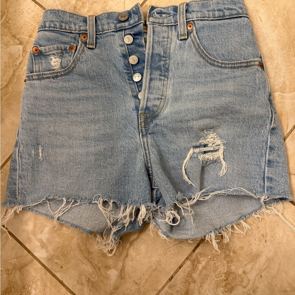 Levi's Ribcage Shorts Button Fly Distressed High Rise Jean Blue Women's Size 24